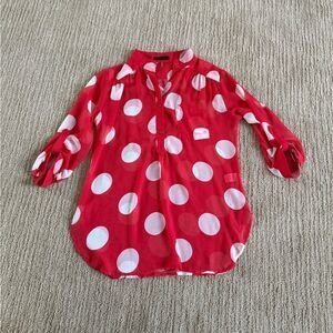 Xtaren Red Polka Dot 1/4 Button down Shirt with rolled sleeves